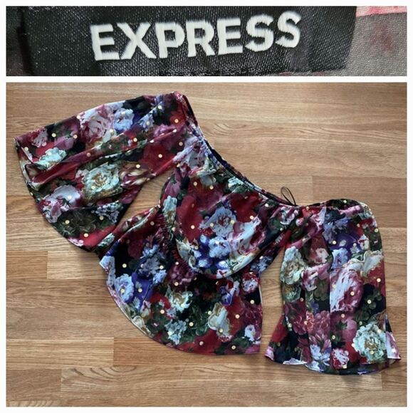 Express size small Floral red pink gold polka dot Off shoulder split sle… - Picture 1 of 8